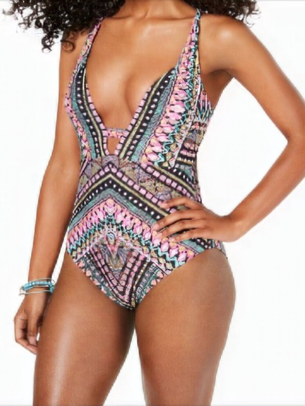 bar III Womens Printed Plunging One piece Tummy control Swimsuit